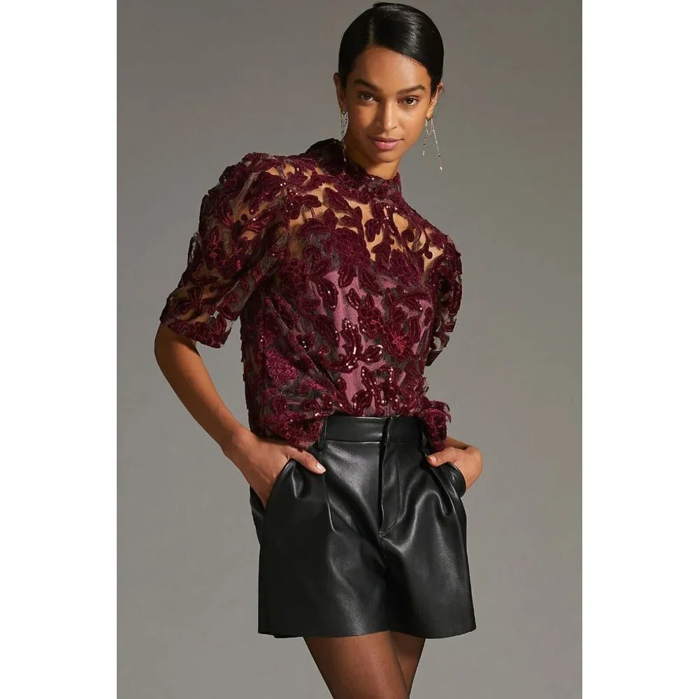 NWT Anthropologie Velvet Cutwork Blouse & Cami Set XL Burgundy Sequins Cocktail